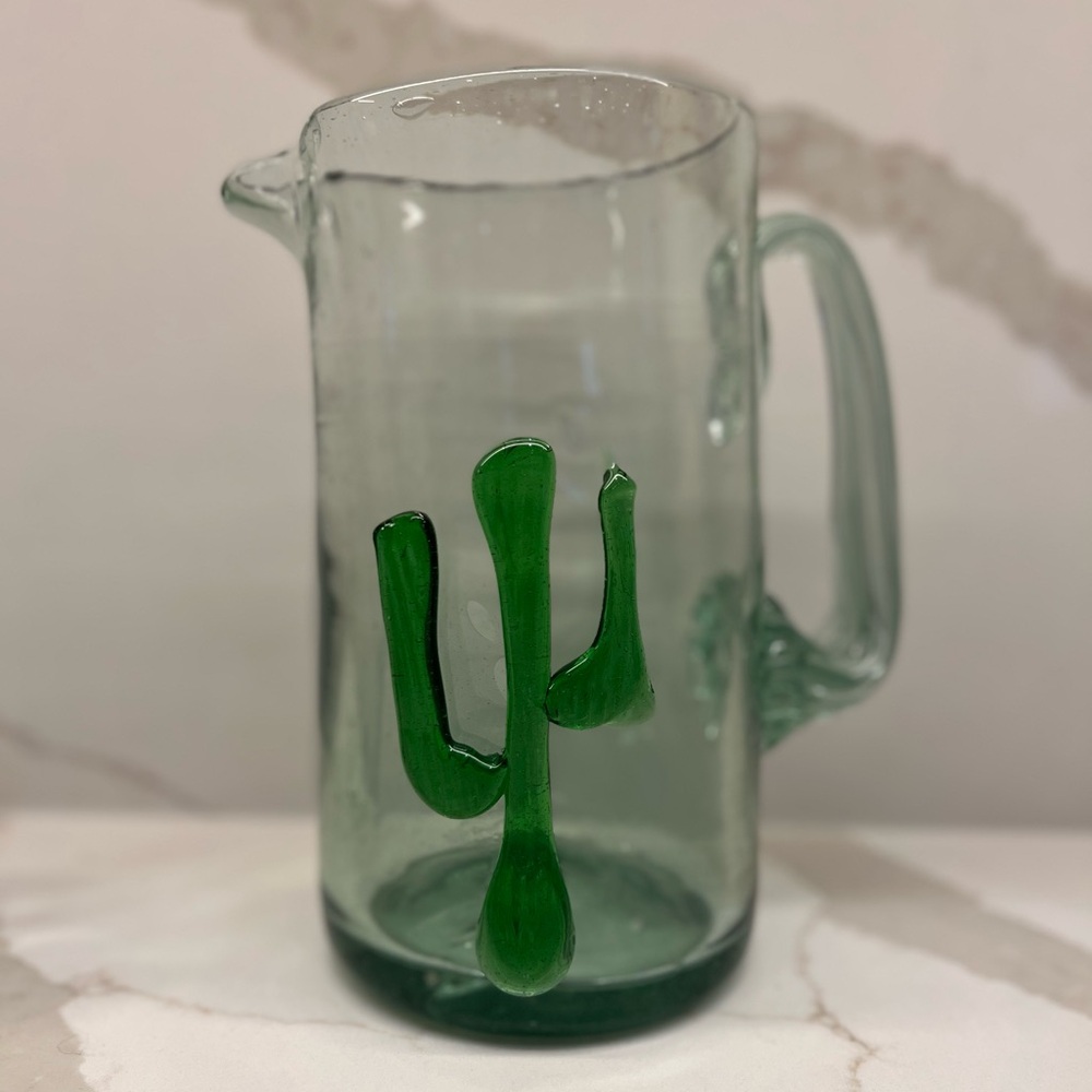 Mexican Hand Blown Glass Cactus Art Margarita Sangria Juice Pitcher